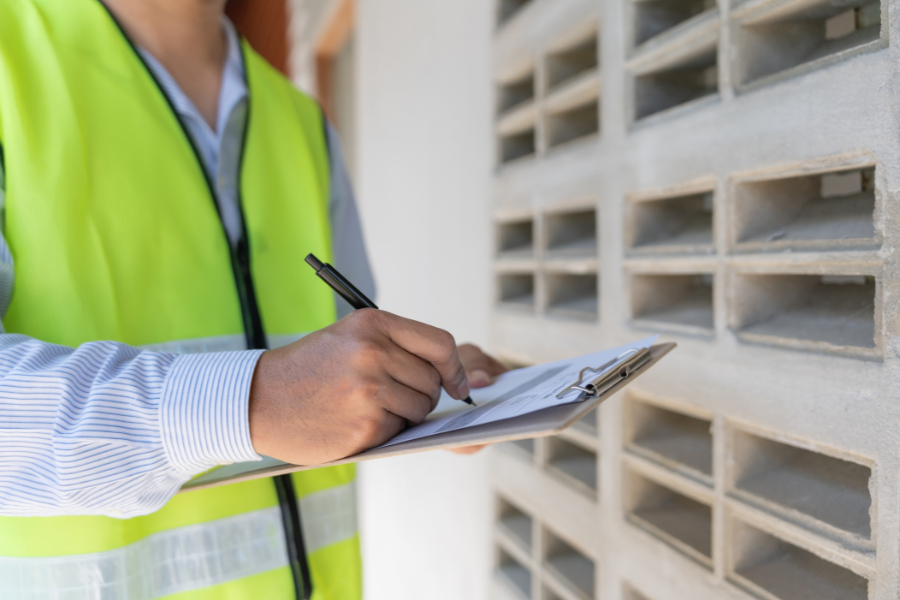 Staff member with vest checking document