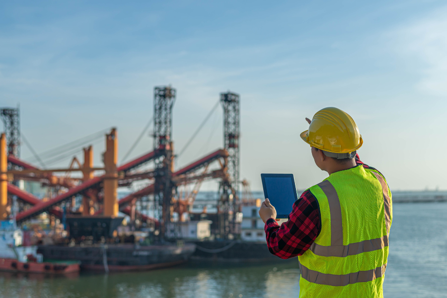 Marine insurance consultant inspecting dock